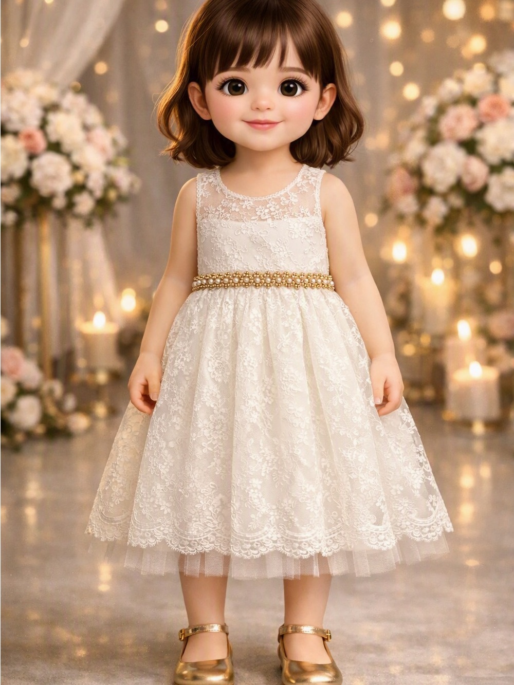 American Princess Ivory Lace Dress with Gold Beaded Waistband with Gold Shoes 7
